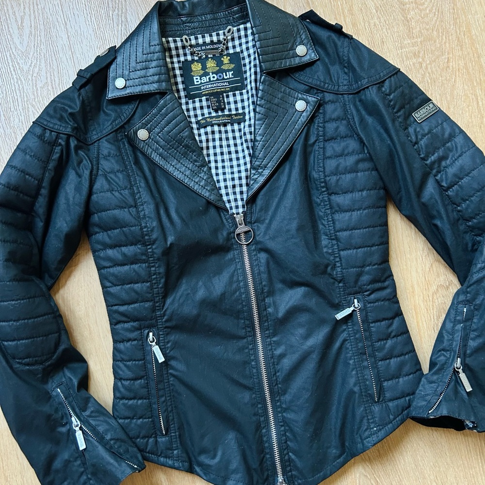 Barbour Women's Black Jacket Barbour Moto Jacket Women 4 Black Streak Tartan Zip - Picture 2 of 9